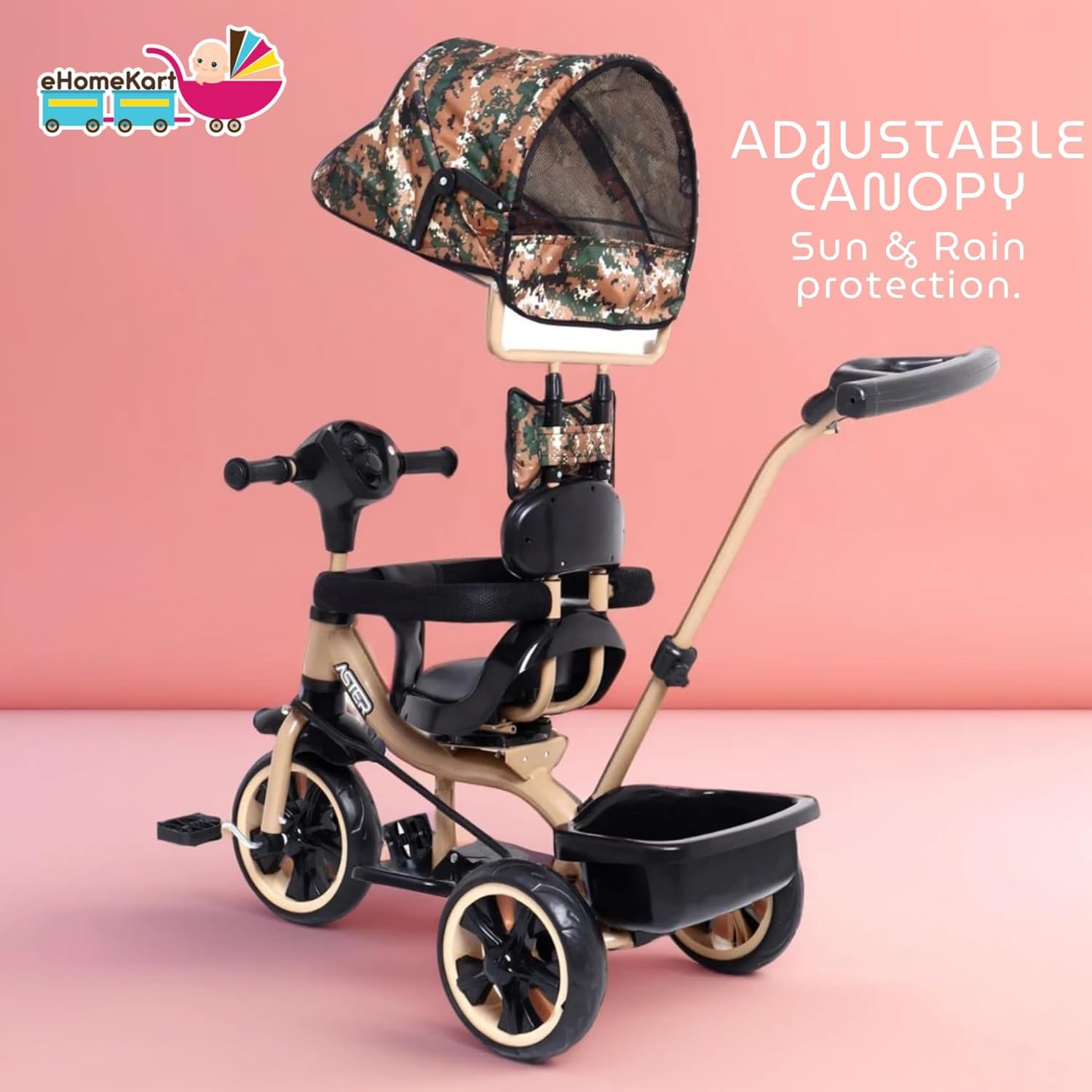 Aster 4-in-1 Musical Trike for Kids in beige and black, with a unique camouflage print sun canopy, convertible design from stroller to tricycle, removable parent push handle, safety harness, footrests, and musical features. Perfect for U SMILE TOYS outdoor play. www.usmile.toys